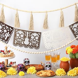 3 Pack 23 ft Day of the Dead Garland Neutral Wood Bead Felt Dia De Los Muertos Decorations for Altar Day of the Dead Banners for Home Mantel Door Window Indoor Mexican Fiesta Party Supplies