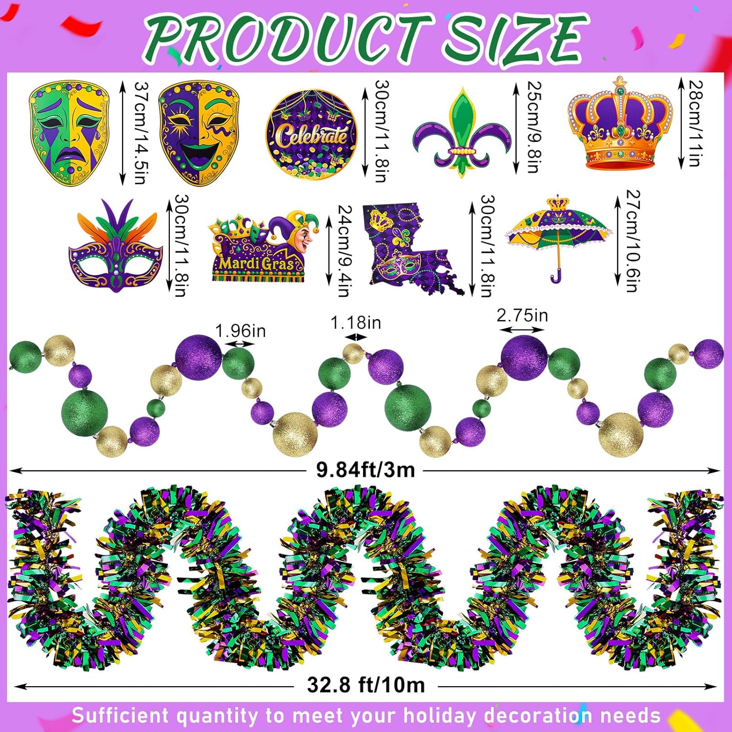 11 pcs 9.84 ft jumbo mardi gras beads garland decoration 32.8 ft purple gold green tinsel garland 9 pcs mardi gras mask for outdoor indoor carnival parade party front door wagon decor