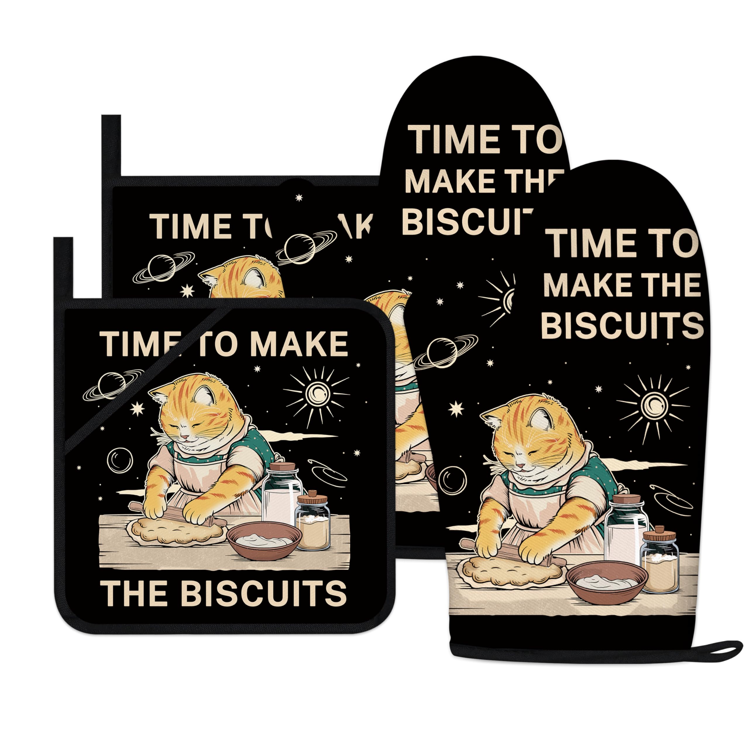 Funny Oven Mitts and Pot Holders Sets Black Cat Kitchen Accessories Cute Kitchen Gadgets for Women Cat Lover House Warming Birthday Cooking Gifts for Women (Black, Oven Mitts & Pot Holders)