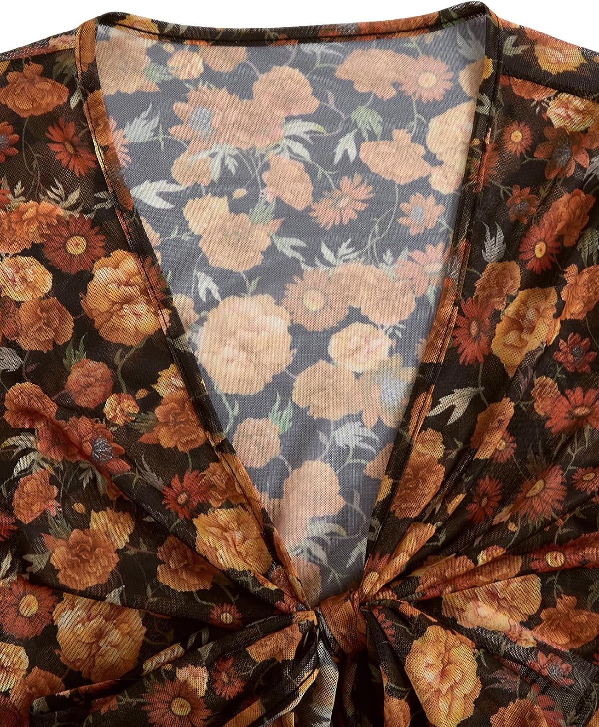 Verdusa Women's 70s Floral Print Tie Front Mesh Cover Up Long Bell Sleeve V Neck Crop Boho Blouse - Image 5