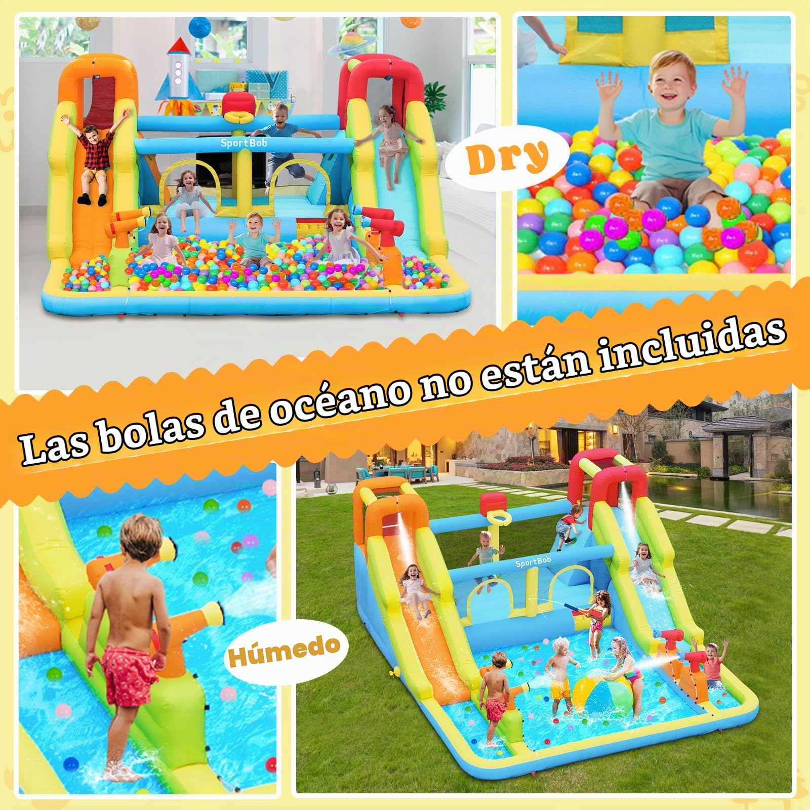 Castillo Hinchable con Doble Tobogán de Agua y Soplador, 452x416x210cm