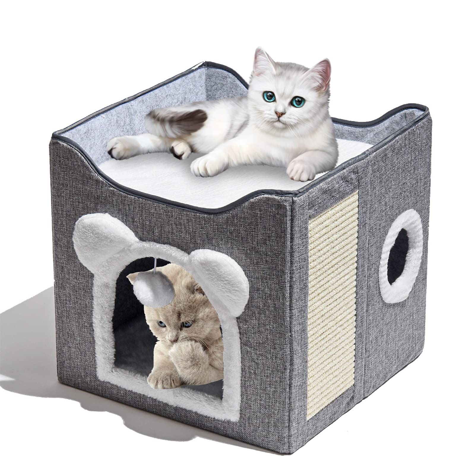 CHOT Cat Bed for Indoor Cats Foldable Cat Condo with Removable Soft Sleeping Bed Large Cat House Cave with Fluffy Ball Hanging & Scratch Pad Washable Without Odor (Grey)