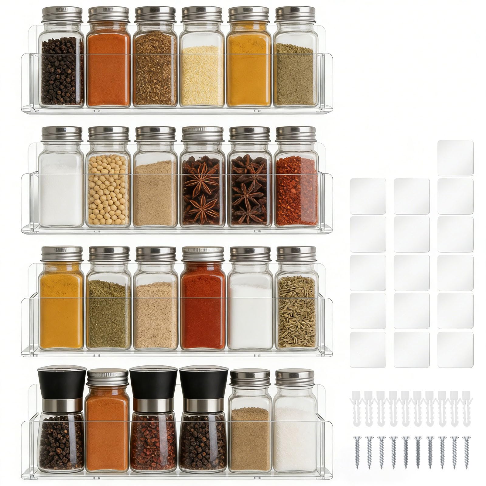 YJQXMYU 4Pcs Wall Spice Rack, 23CM Acrylic Floating Wall Shelves, Kitchen Cabinet Door Condiment Storage Rack, Picture Ledge Display Shelf for Kitchen Condiments Cosmetics