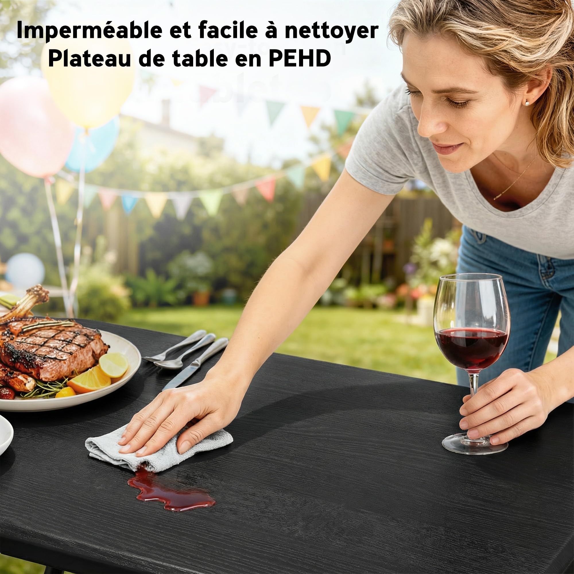 Outsunny Ensemble Table Pliante et bancs de Pique-Nique 180 cm, Table Camping Pliante avec chaises Portable avec poignées de Transport, Banc Pliable pour terrasse, Jardin, Barbecue, Noir