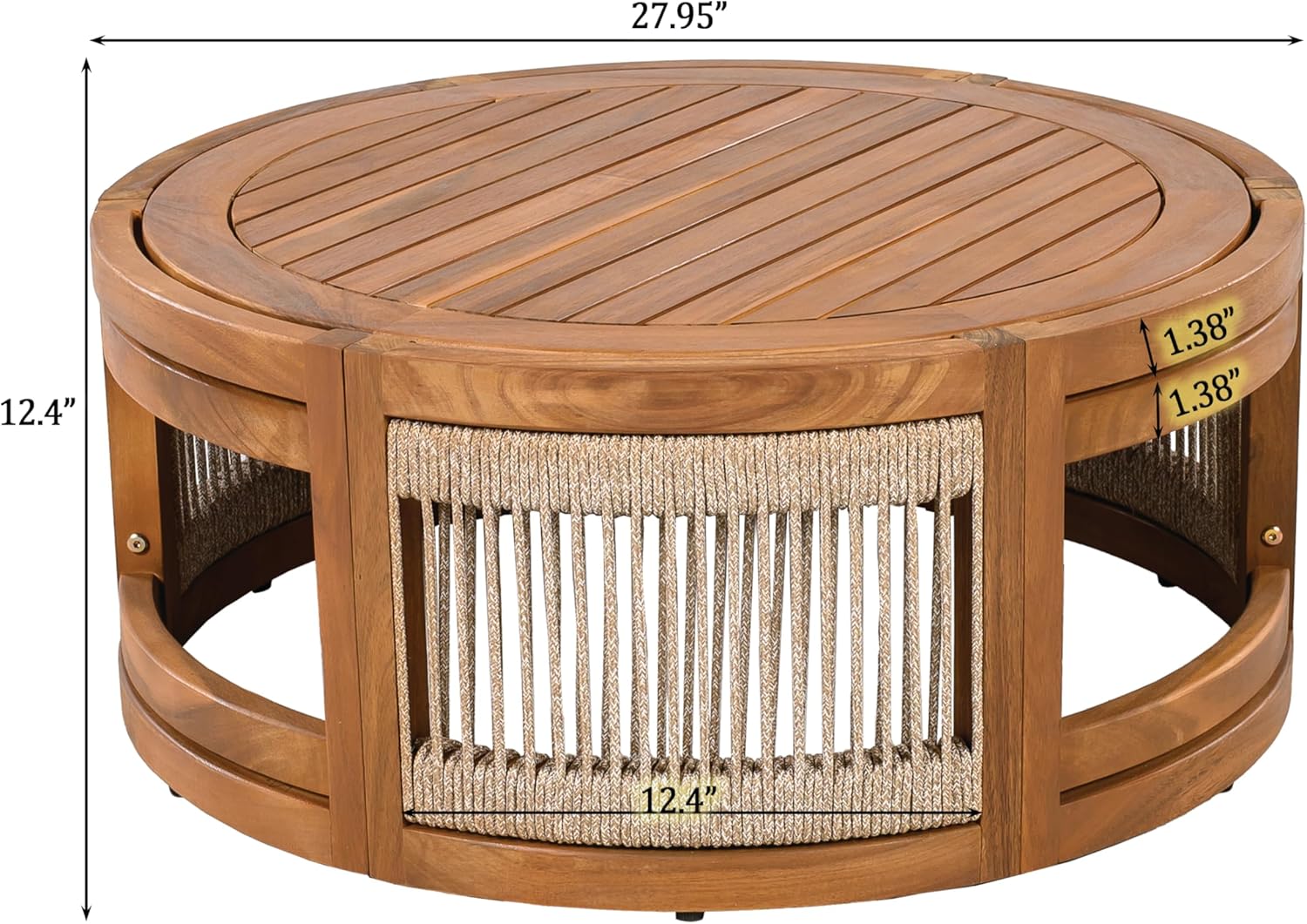 kevinplus ø27.95'' Boho Round Wicker Wood Coffee Table for Living Room Outdoor & Indoor, Rattan Modern Farmhouse Countryside Coffee Table, Weather Resistant, Easy Assembly, Teak