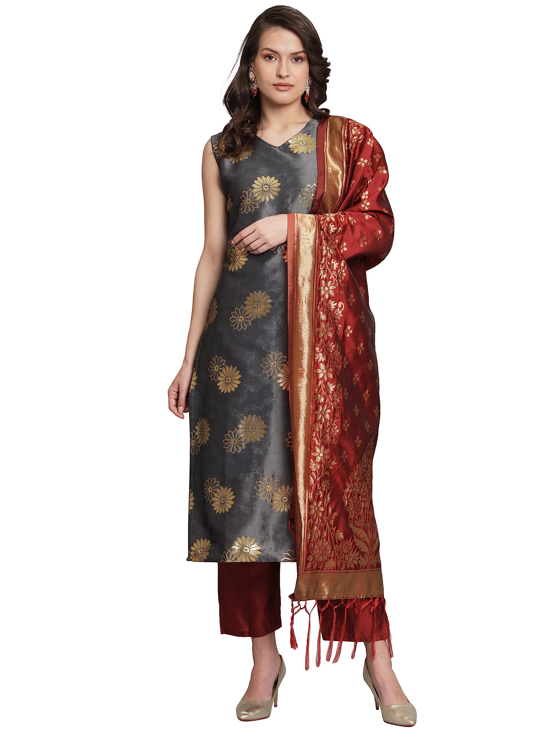VredeVogelWomen's Cotton Silk Jacquard Kurta Pant Set with Banarasi Silk Dupatta