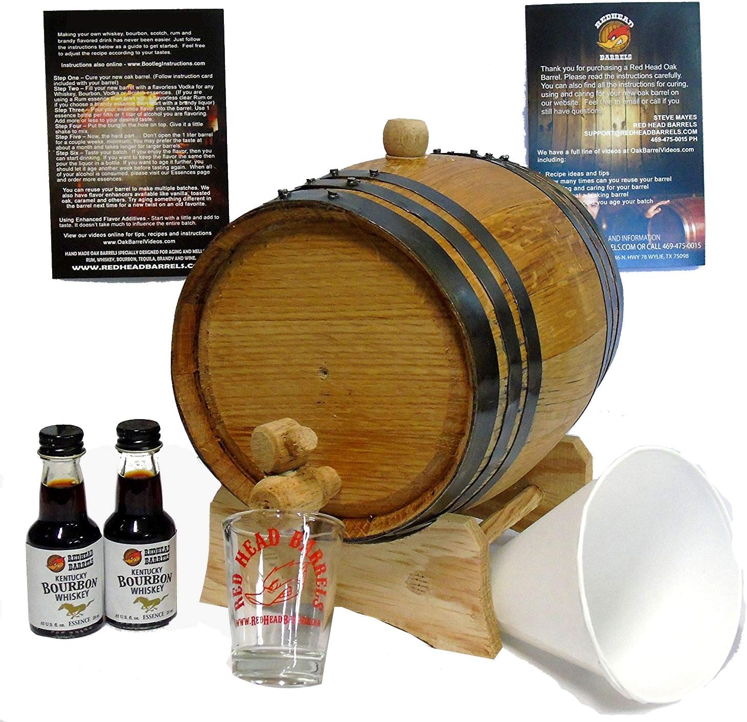 Red Head Barrels 2-Liter Charred American White Oak Whiskey Barrel with Kentucky Bourbon Flavoring Essence, DIY Oak Wood Barrel Homebrew Kit, Comes with a Shot Glass