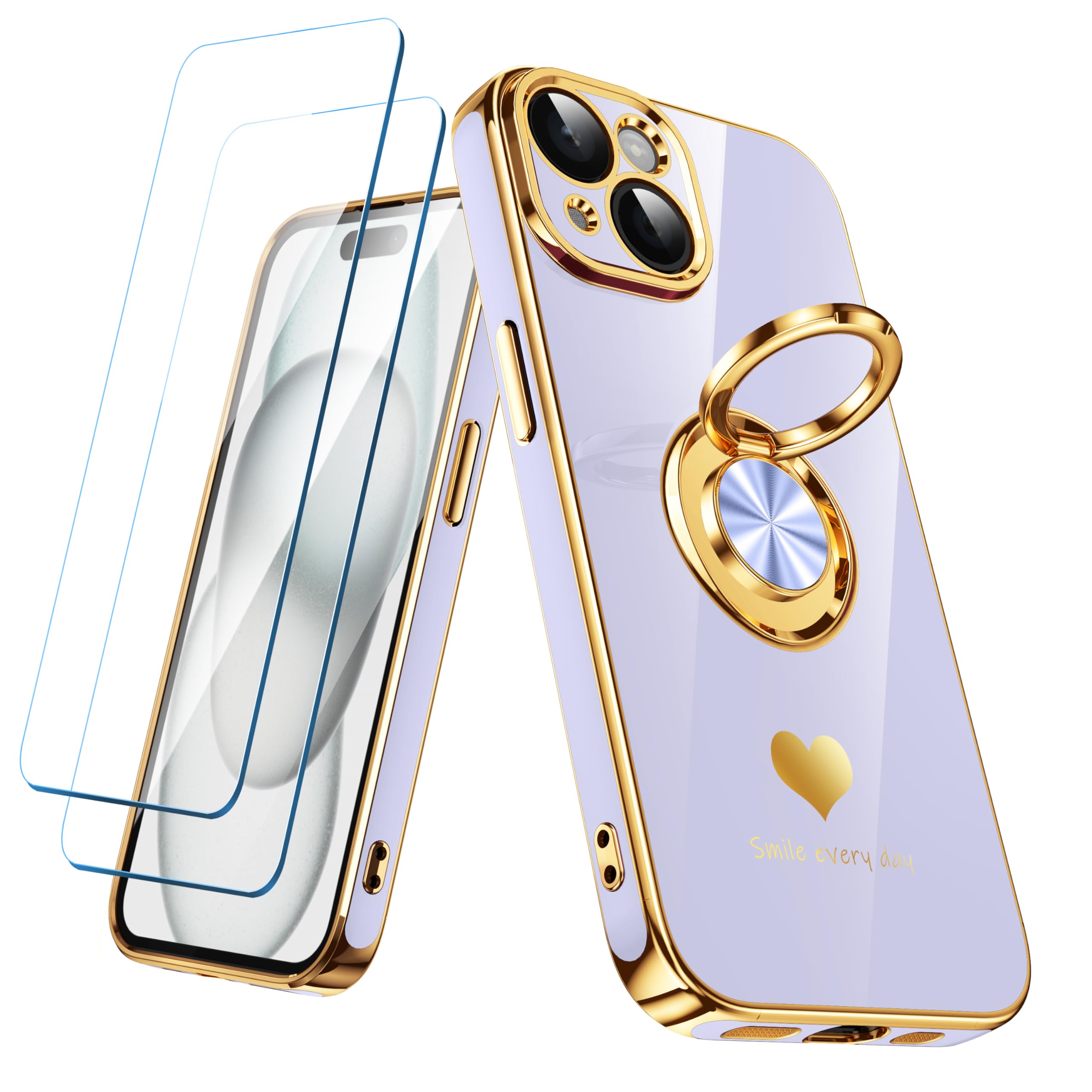 Coque iPhone 15 souple antichoc avec anneau support et 2 verres