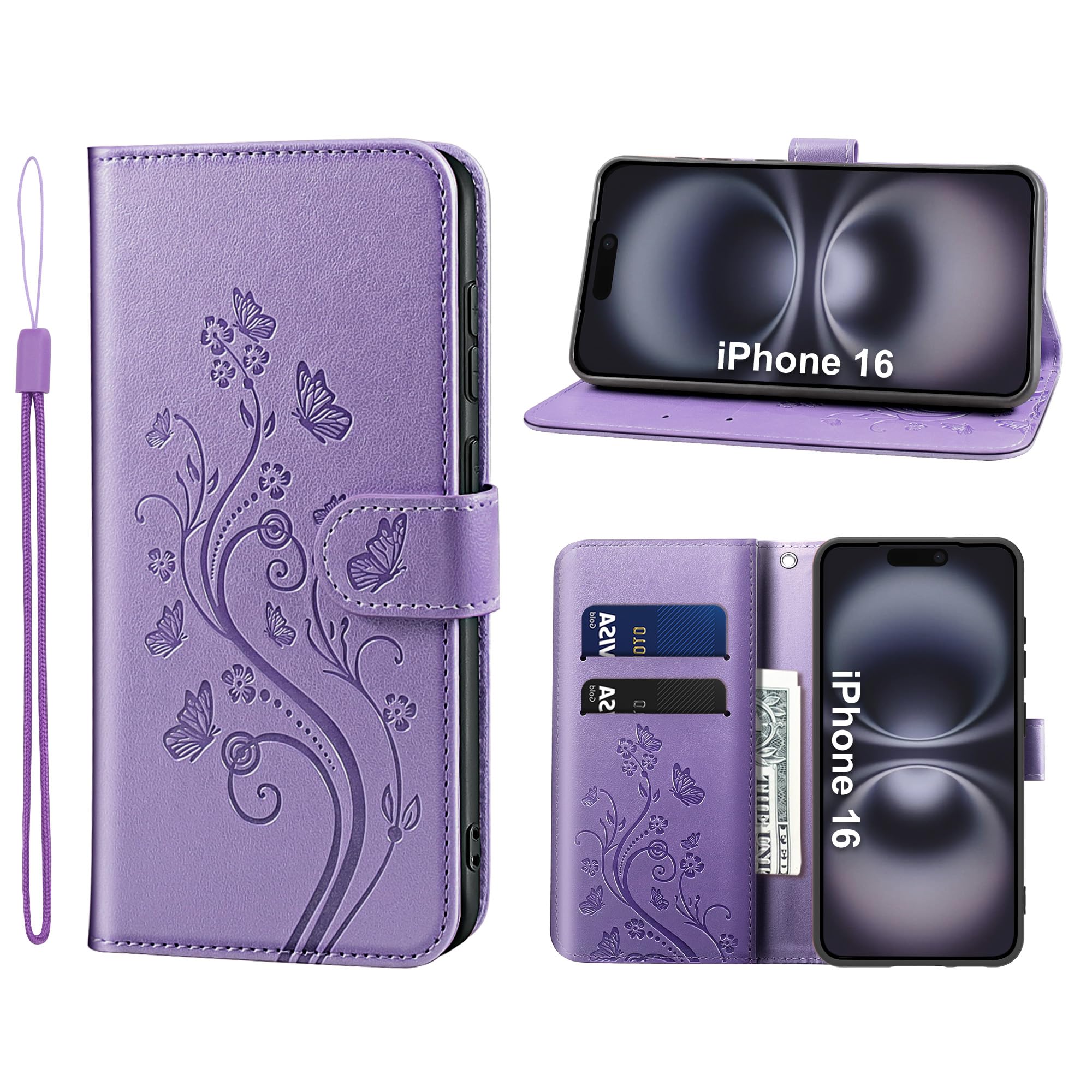 Etui na telefon komórkowy iPhone 16 z przegródką na karty, miejscem na pieniądze, stojakiem, magnetycznym zamknięciem, skórzane etui ochronne, fioletowe