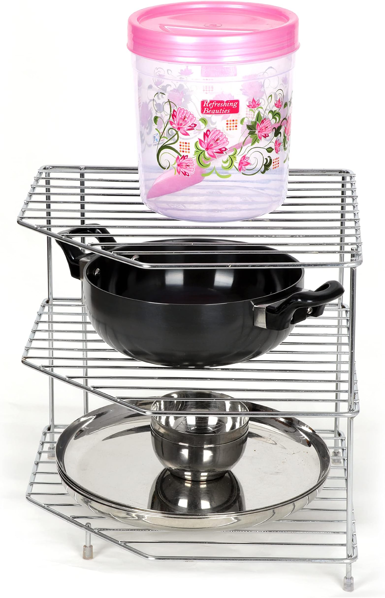 Stainless Steel Corner Rack/Storage Shelf/Dish Rack/Kitchen Storage Rack/Bowl Rack/Shelf for Plates Bowls & Cups/Kitchen Organizer (Size- 29.5X29.5X29.5 cm)