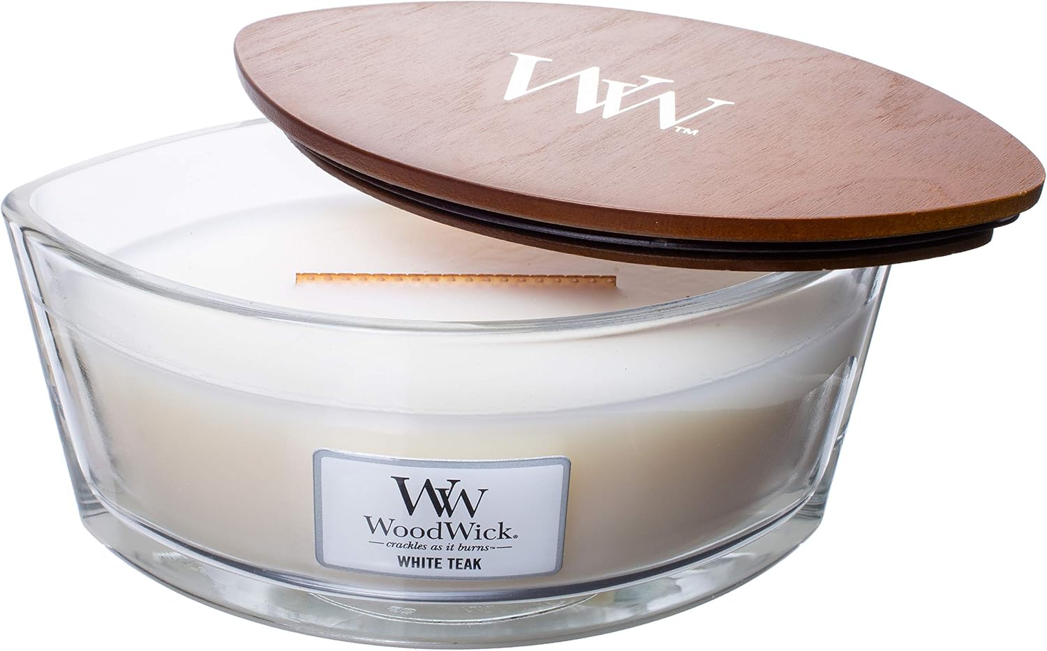 WoodWick WW White Teak, Highly Scented Candle, Ellipse Glass Jar Original HearthWick Flame, Large 7 Inches, 16 OZ
