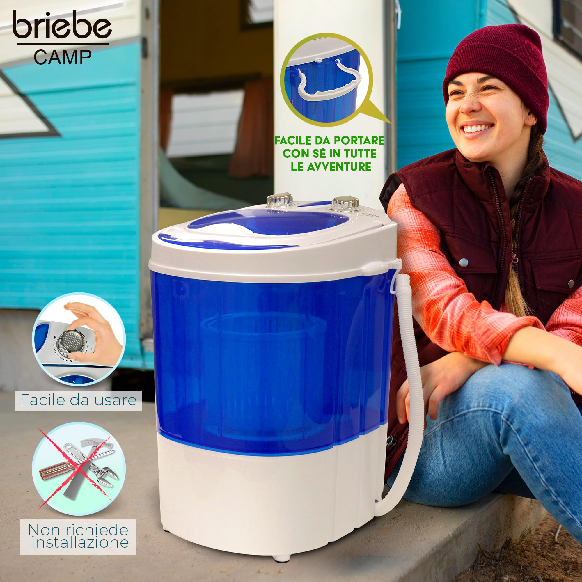 Briebe Camp Mini Lavatrice Portatile Con Centrifuga, Campeggio, Capacità Abbigliamento 3Kg, Ideale Viaggi e Camper, Carico Superiore, Basso Consumo Acqua ed Energia, WM1111