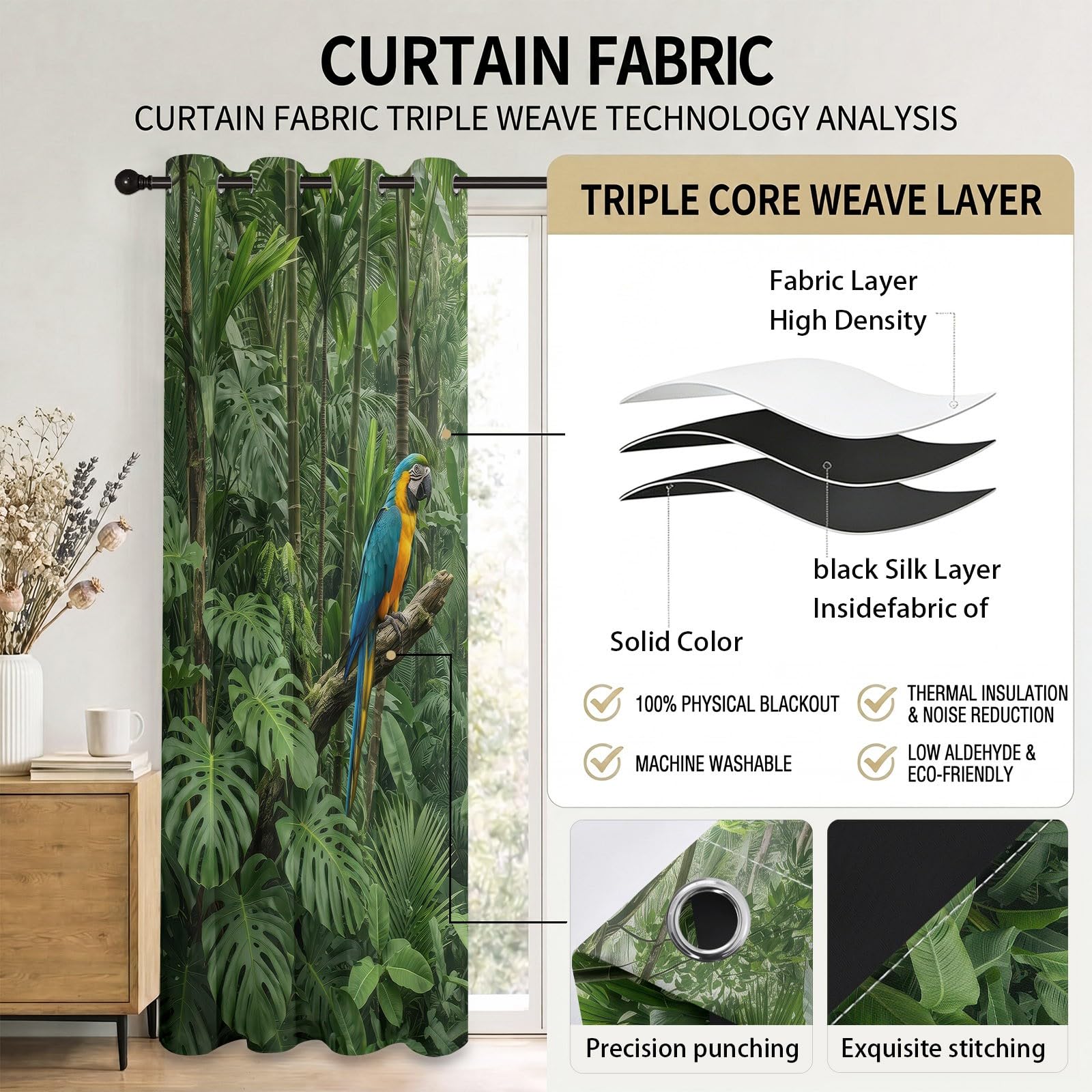 Rideaux Occultant Oiseau Forêt, Rideaux Occultant Ara Tropical & Feuilles De Monstera Rideau Thermiques Isolant Anti Froid et Chaleur Rideau à Oeillets pour Chambre À Coucher, 2 PCS, 110L X 215H cm