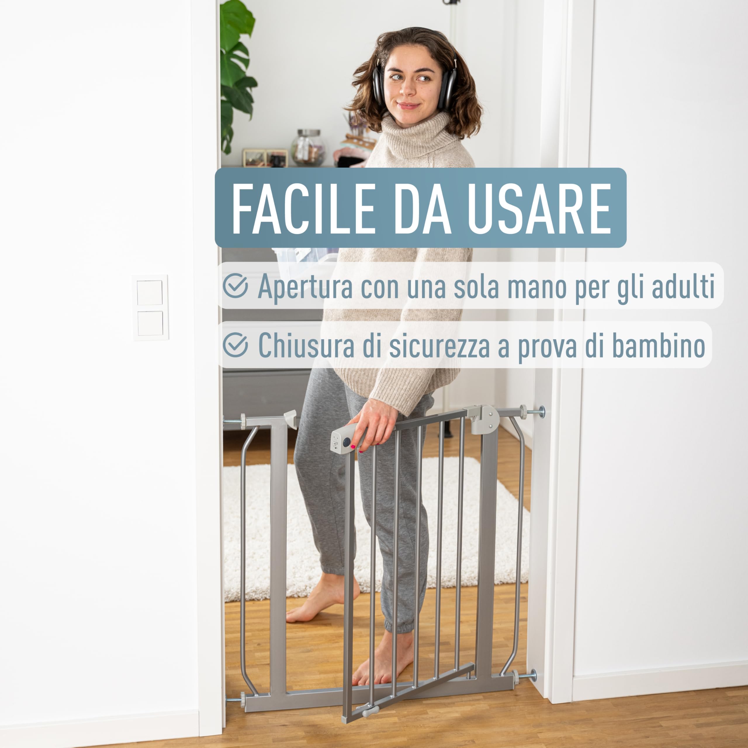 ib style Cancelletto per Bambini di Sicurezza Berrin - Scale e Porte, Senza forature, Metallo, 90° Stop, Anche per Cani e Animali Domestici, Grigio, Larghezza: 75-85 cm