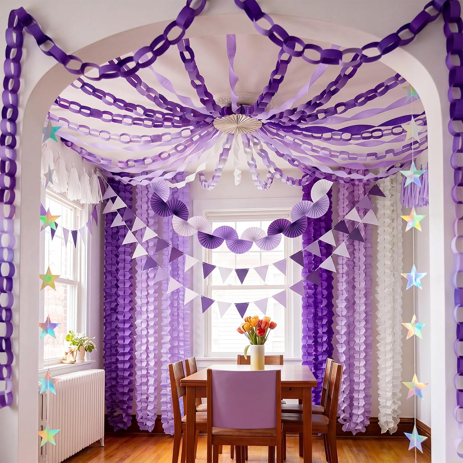 TaoBary Purple Baby Shower Decorations, 6 Roll Purple Streamers 600 Paper Chain Garland 4 Star Hanging 2 Felt Pennant Flag 2 Paper Fans Garland 6 Four Leaf Clover Streamer for Butterfly Birthday Party