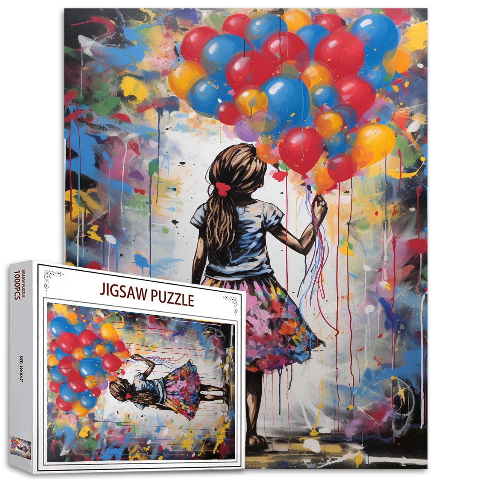 Graffitic Jigsaw Puzzles 1000 Pieces for Adults, Families (Little Girl hold The Balloon) 1000 Pieces Fit Together Perfectly 19.7''x27.6''inch Street Art Frameable Doodle Magic Puzzle Art（Colorful）