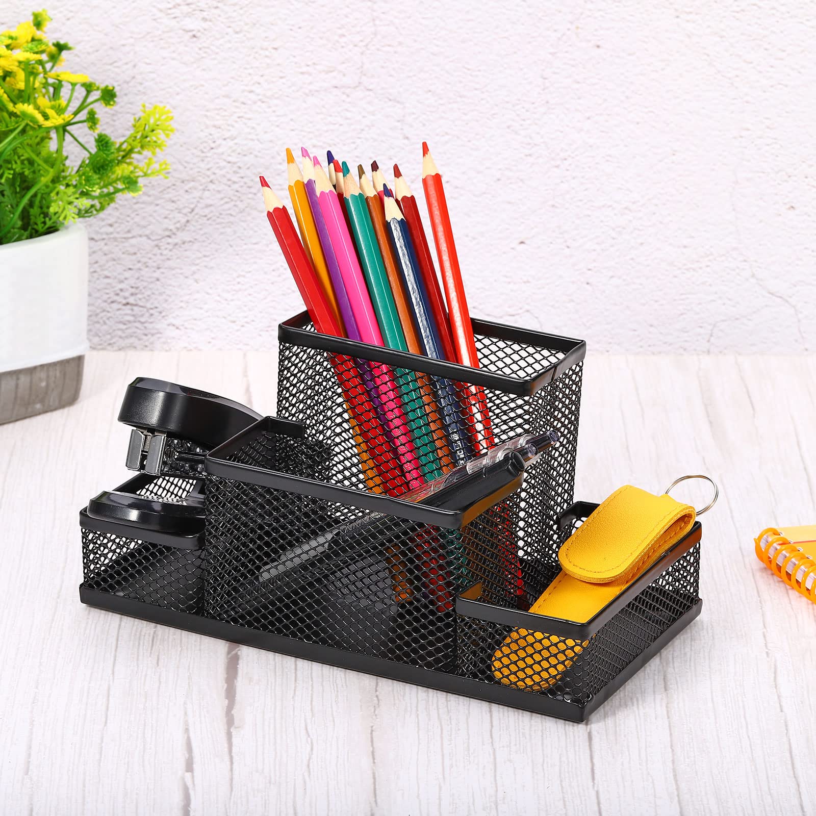 PATIKIL Maglia Metallo Penna Supporto, 2pz Scrivania Organizzatori 4 Scomparti Matita Contenitore Scatola per Ufficio Desktop, Nero
