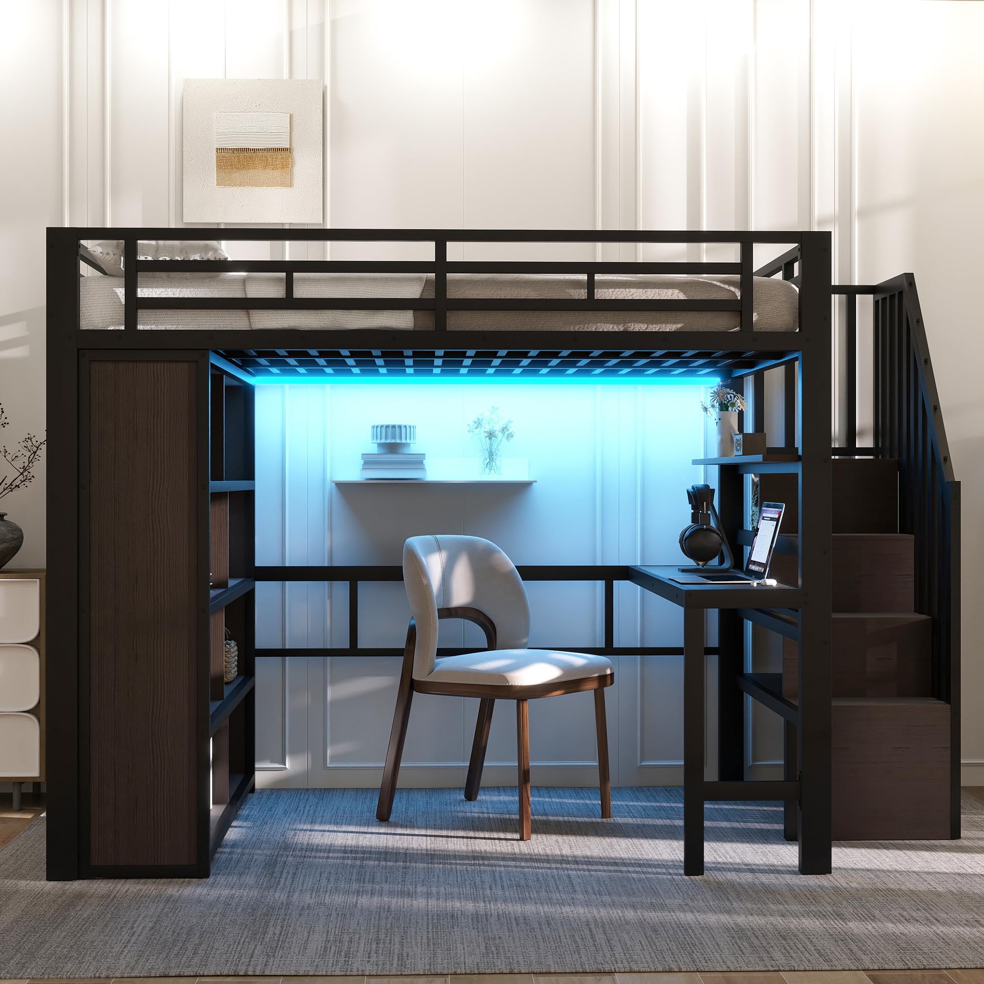 Lit Mezzanine 140x200 cm, avec Bureau, Étagères de Rangement, Escalier avec espace de rangement – Structure en Métal et Panneaux MDF – Gain de Place pour Chambre d'Enfant, Ado ou Étudiant, Noir