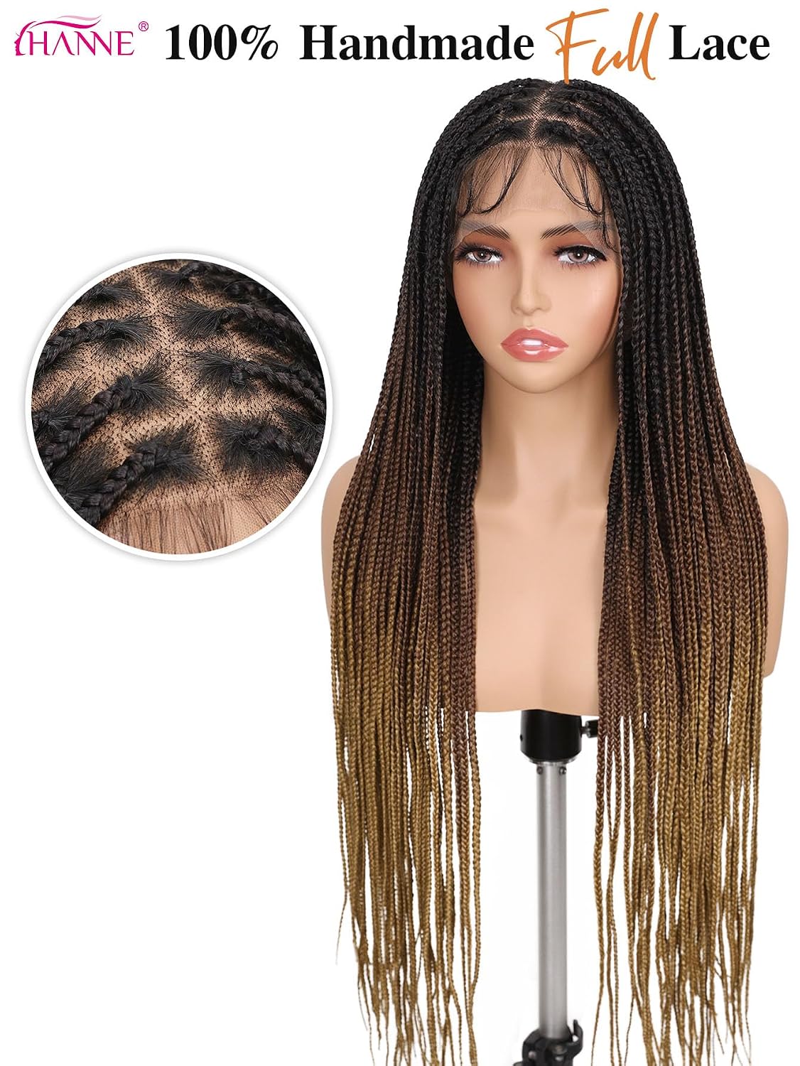 HANNE Real Full Lace Braided Wigs for Black Women 34 Inch Knotless Braided Wigs with Baby Hair 100% Handmade HD Lace Synthetic Box Braid Wig (Ombre Brown)
