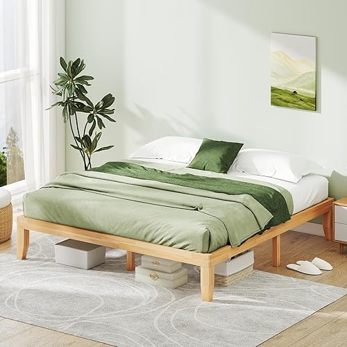 Miniatura 43 de KOMFOTT Base de cama de plataforma de madera de 14 pulgadas, tamaño individual, base de colchón de madera con marco de madera de goma, fuerte Marrón