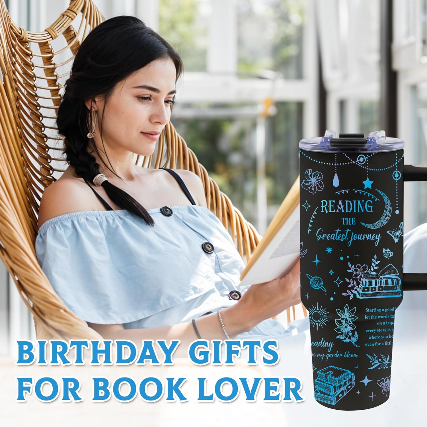 40oz Book Lover Tumbler with Handle and Straw, Insulated Stainless Steel Gift for Readers, Book Reader Gifts for Women, Christmas, Birthday Gift for Women, Friends, and Mothers - Image 5