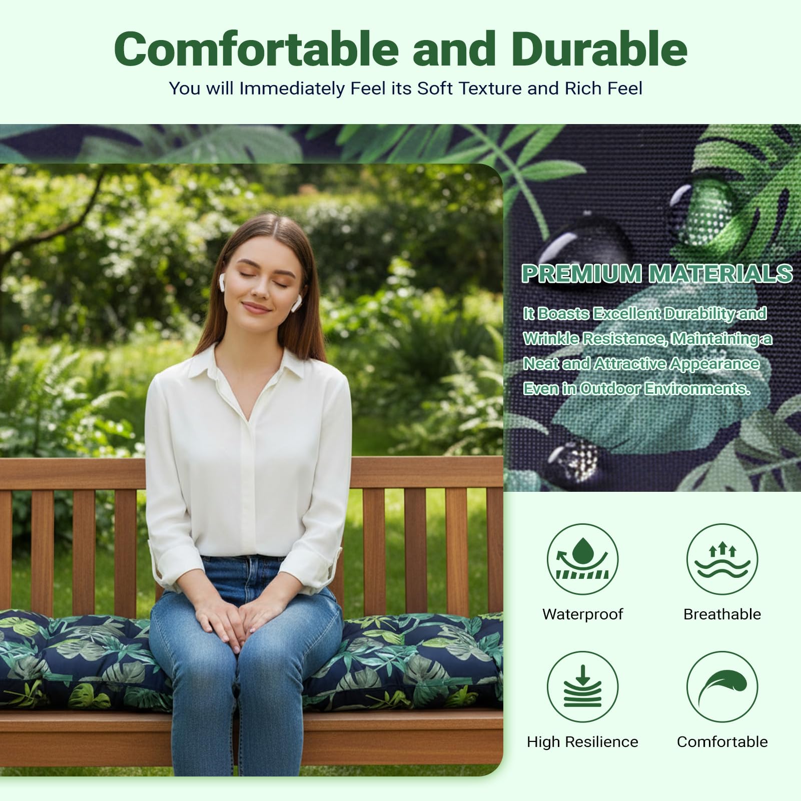 Bench Cushion Outdoor Garden Waterproof: Thick Fade Resistant Rectangle Replacement Sitter Pad with Tie-On Straps for 2-3 Seater Indoor Patio Porch Window Kitchen Dining Chairs (Green, 130X50X10cm) — view 4