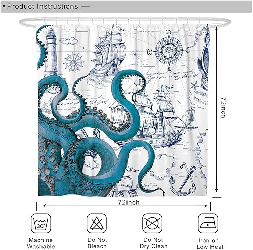 Miniatura 5 de DESIHOM Juego de cortinas de ducha de pulpo náutico azul, divertidas cortinas de ducha estilo kraken del océano para baño, decoración de mapa pirata