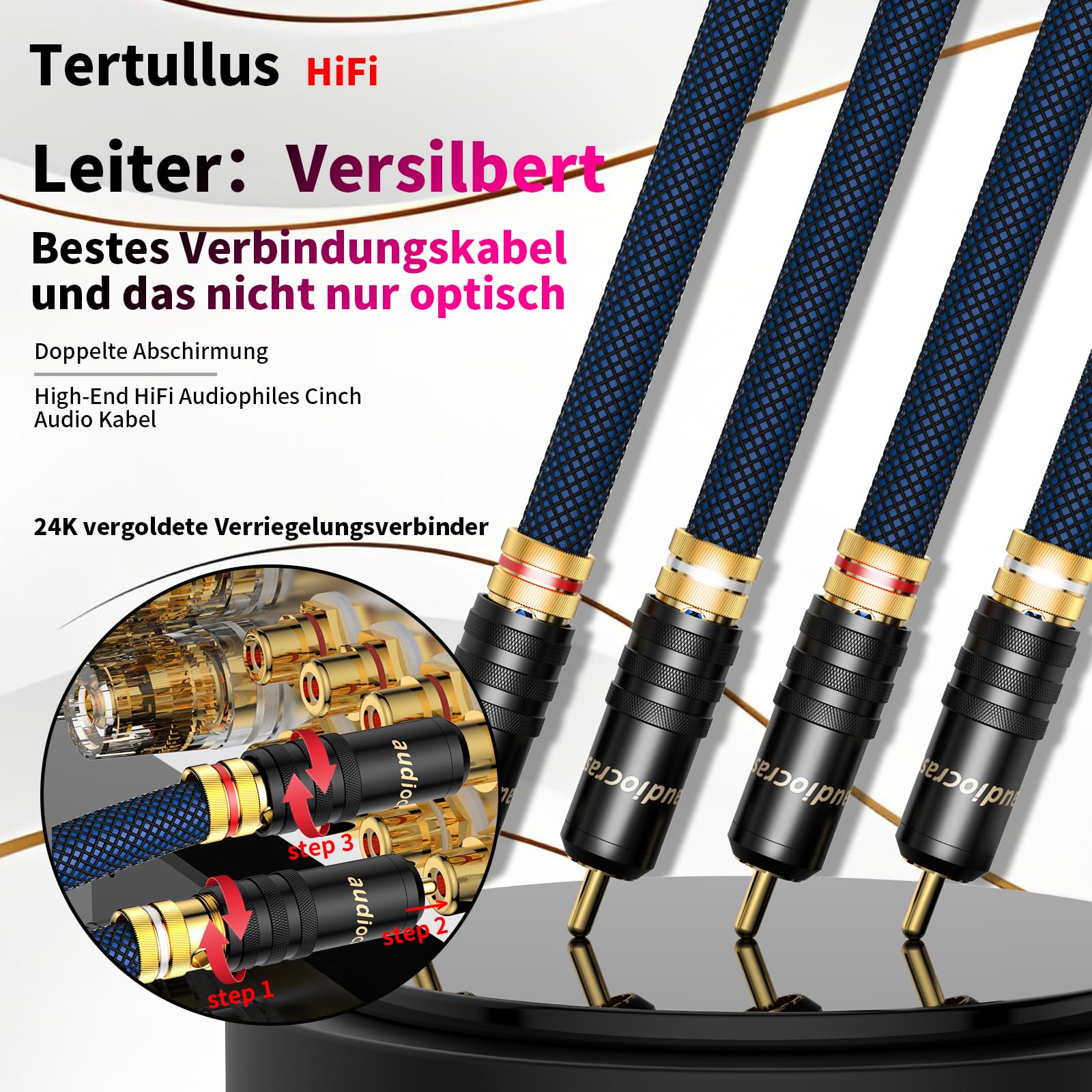 Tertullus HiFi Audio Cinch Kabel 1m OFC Versilbertes Liter Mit Doppelter Abschirmung 2 Cinch-Stecker Auf 2 Cinch-Stecker Signalkabel Für CD, Verstärker, Audio, Decoder