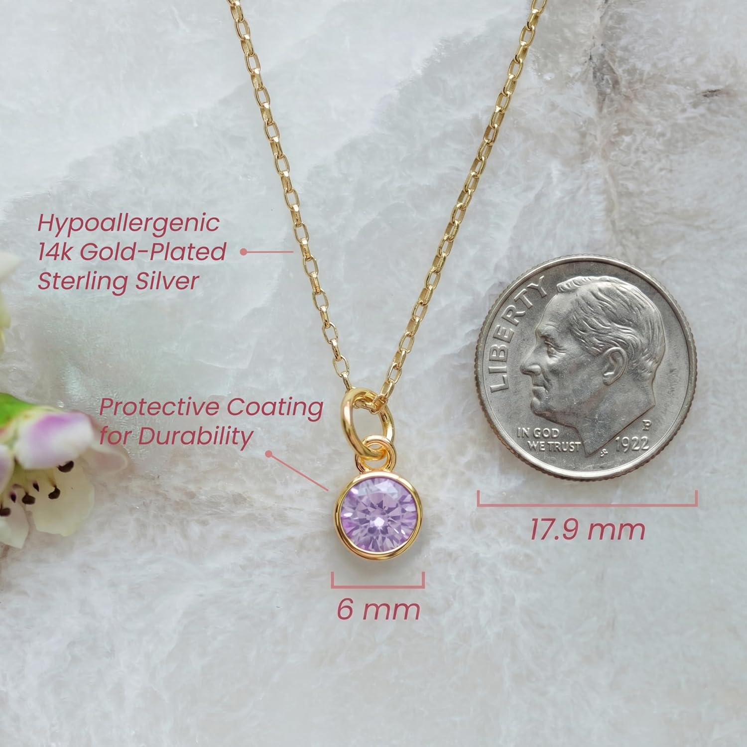 Cherished Moments 14K Gold-Plated Dainty Simulated Birthstone Necklace for Little Girls, Teens and Minimalist Jewelry (14 inch or 16-18 inch chain)