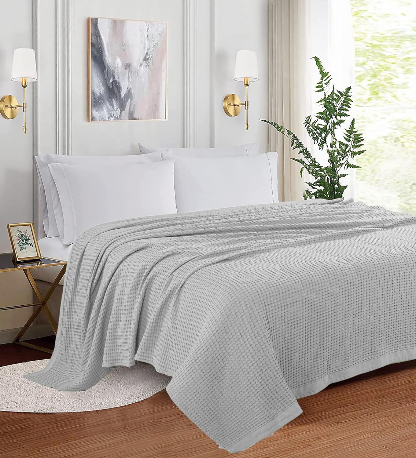 100% Cotton Waffle Weave Blanket Queen Size – Breathable Thermal Bed Blanket, Lightweight All-Season Comfort, Soft Natural Cotton, Machine Washable Bedspread for Bed & Couch (Light Grey)