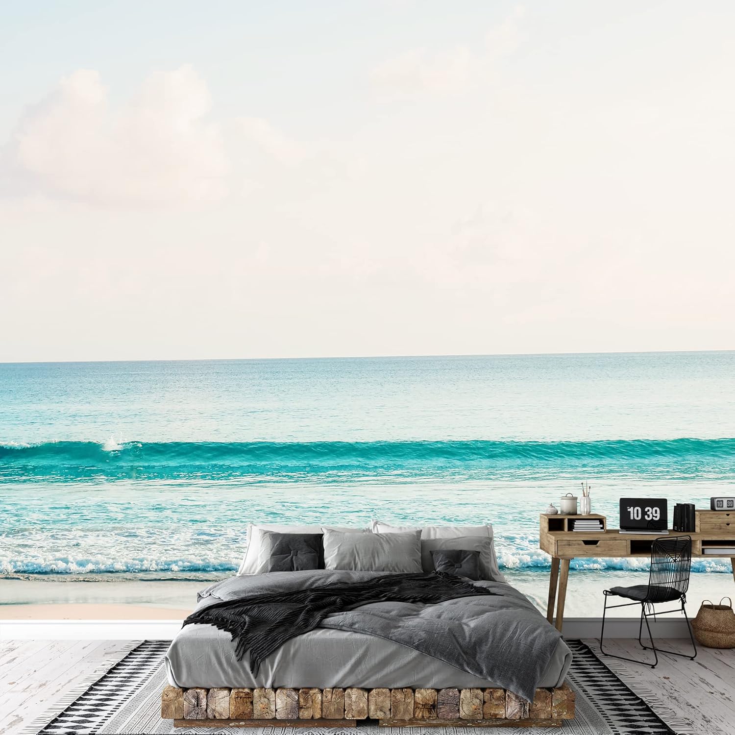 SIGNWIN Removable Wall Sticker/Wall Mural Teal Tropical Beach Shore Ocean Wave Nature Wilderness Photography Realism Decorative Landscape Rustic for Living Room, Bedroom, Office - 66x96