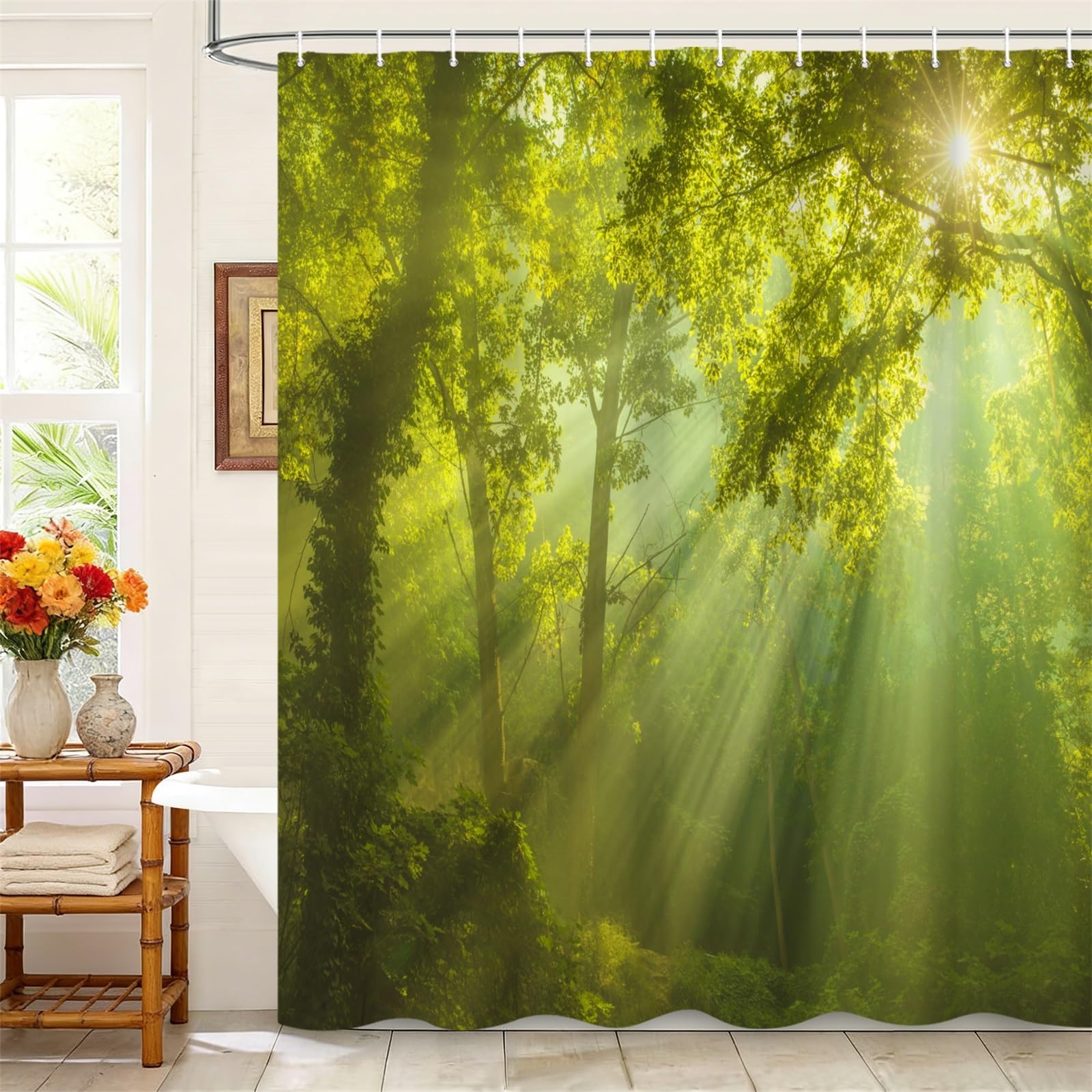 Uiyiui Multicolor-6 Green Forest Shower Curtains 47X71in/120X180/Wxh Sunlight Filtering Through The Dense Trees Pattern Waterproof Bathroom Curtains, Polyester Fabric Bathtub Decor Curtains With Hooks