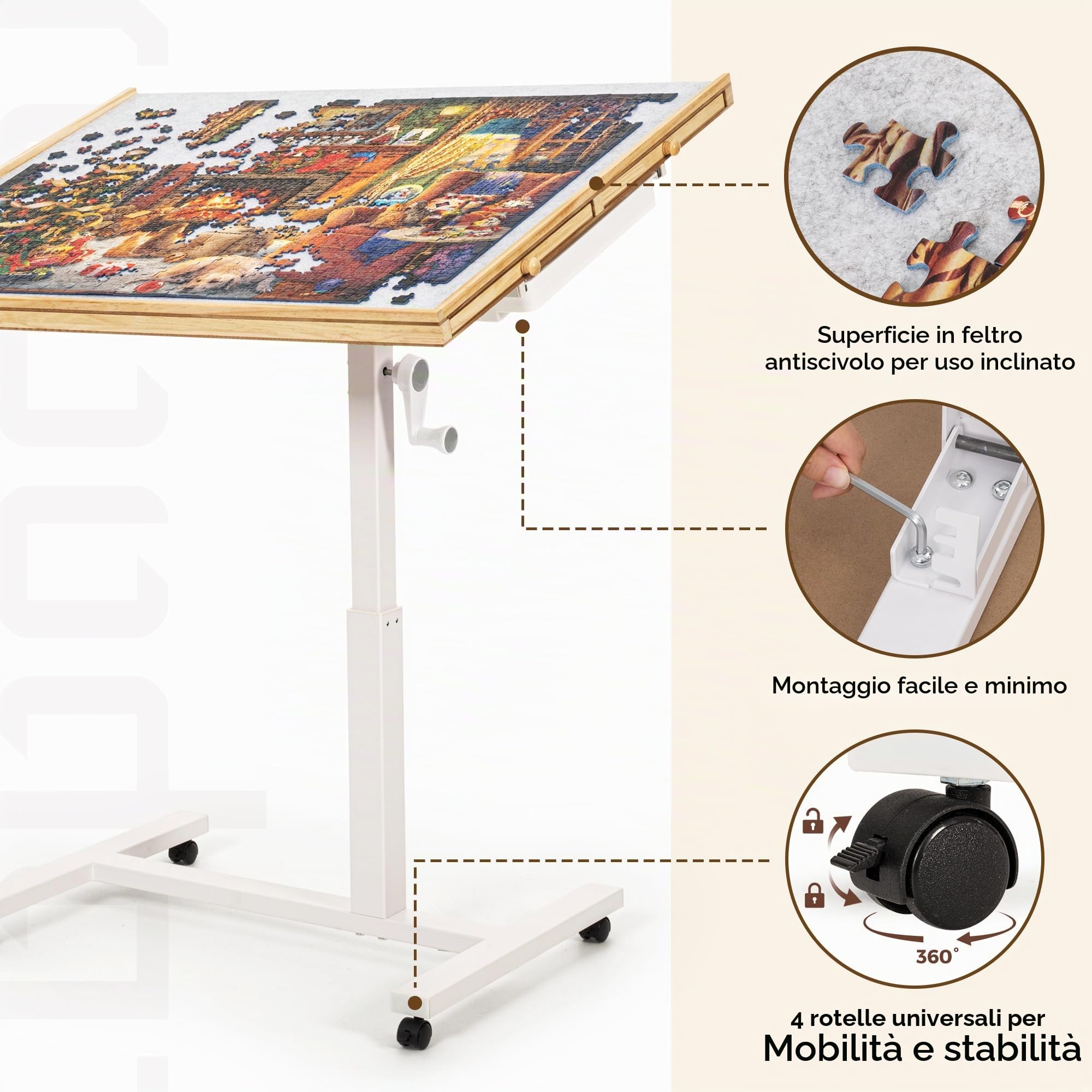 ROPODA Tavolo da Puzzle 1500 pezzi, Tavolo per Puzzle con 6 Cassetti, Copertura e 4 Ruote, Tavola Puzzles Regolabile per Adulti con 4 Angoli di Inclinazione, Puzzles Board in Legno, 89 x 68 cm