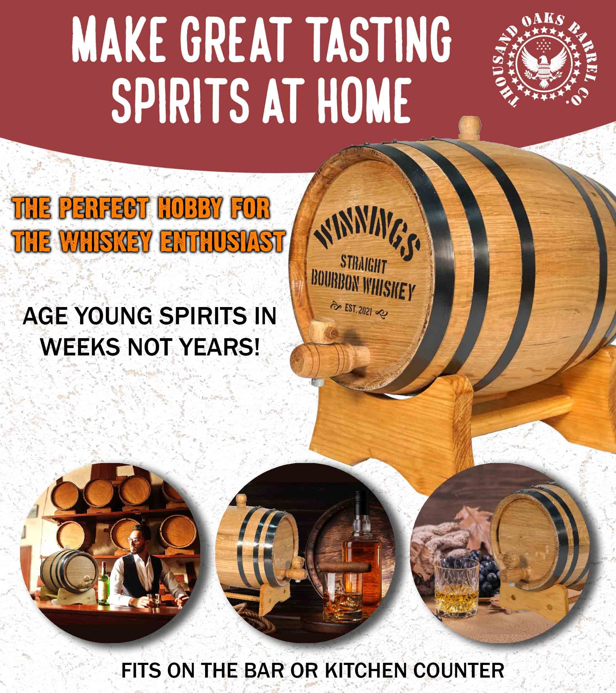 Personalized 5 Liter American Oak Barrel with Stand, Bung, and Spigot (1 Gallon)| Age Cocktails, Bourbon, Rum, Tequila, Beer, Wine and More! | Custom Laser Engraved Whiskey Barrel (V20)