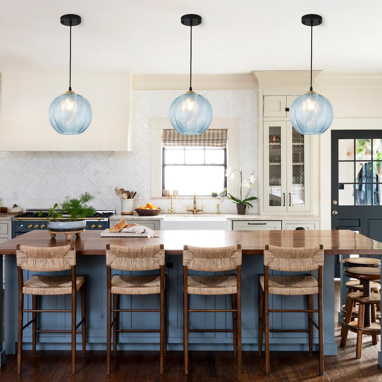 Lámpara colgante de cristal azul, lámpara colgante con pantalla de globo grande de 9.8 pulgadas, lámpara colgante de bola de vidrio soplado a mano para isla de cocina, escalera, comedor, sala 3