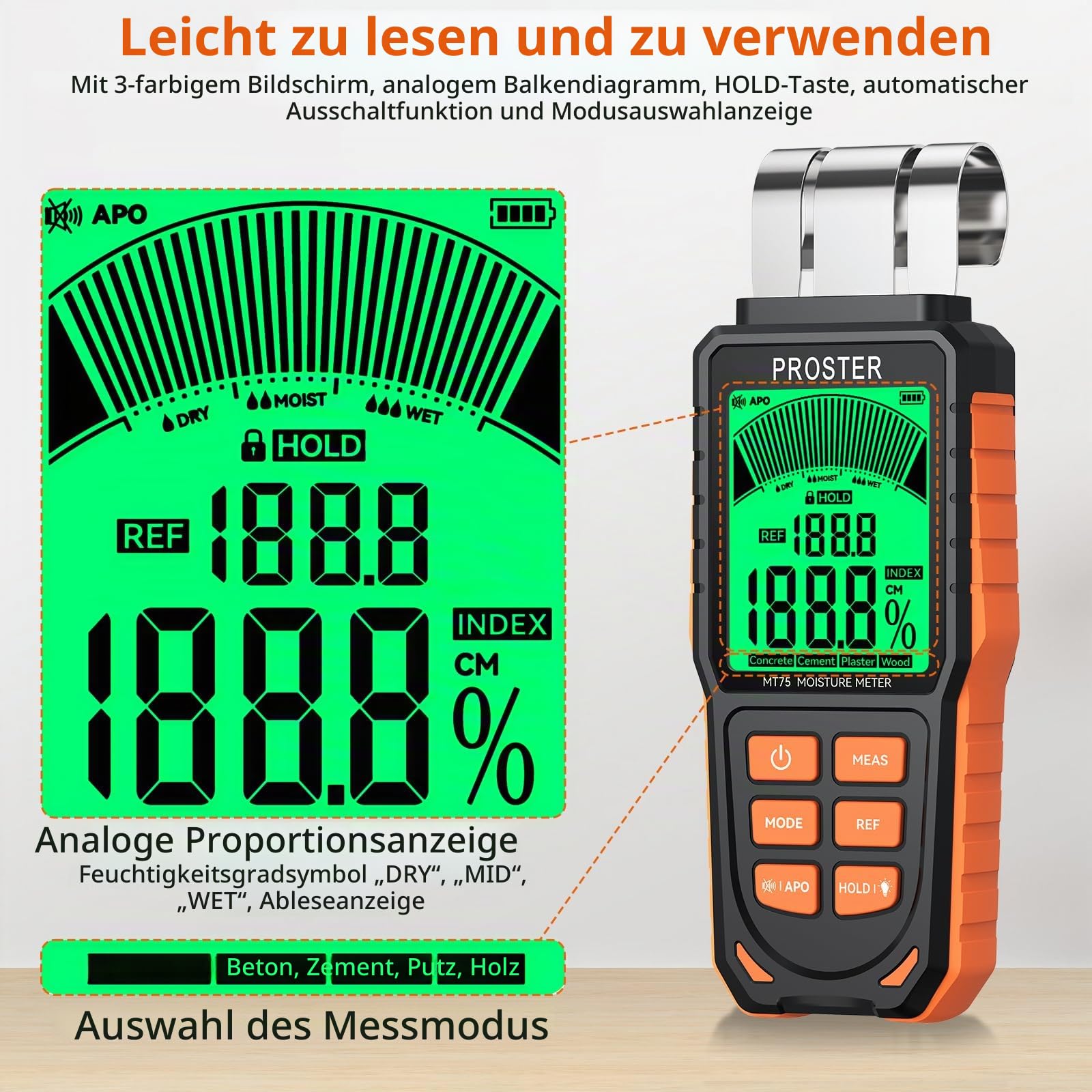 Proster Pinless Feuchtigkeitsmessgerät für Wände, Holz, Beton & Mauerwerk - wiederaufladbares Biegsame Feuchtigkeitsdetektor -5 Modi Ton & Licht Alarm Induktive Messung bis zu 40mm Tiefe