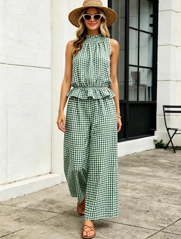 Tanming Women's 2 Piece Set Outfits Gingham Plaid Sleeveless Ruffle Top Wide Leg Pants Summer Casual Beach Vacation Sets(DarkGreen-M) by Tanming - Used condition - Image 5