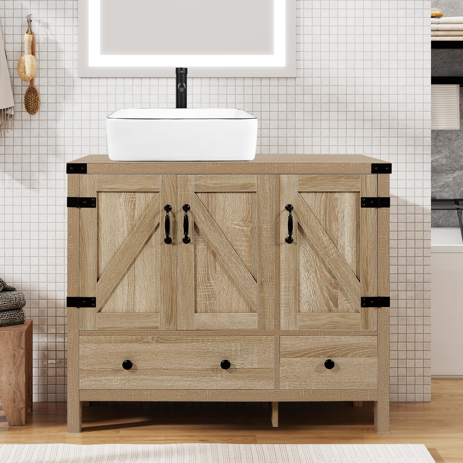 36-inch Natural Color Bathroom Vanity with Side Cabinet, Rustic Fixture Standing Pedestal Cabinet Without Sink