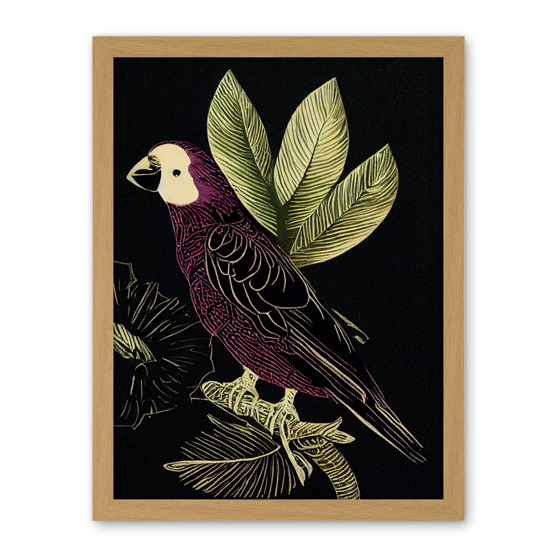 Wee Blue Coo Burgundy Parrot Leaves Tree Branch on Black Vintage Linocut Illustration Artwork Framed Wall Art Print 18X24 Inch