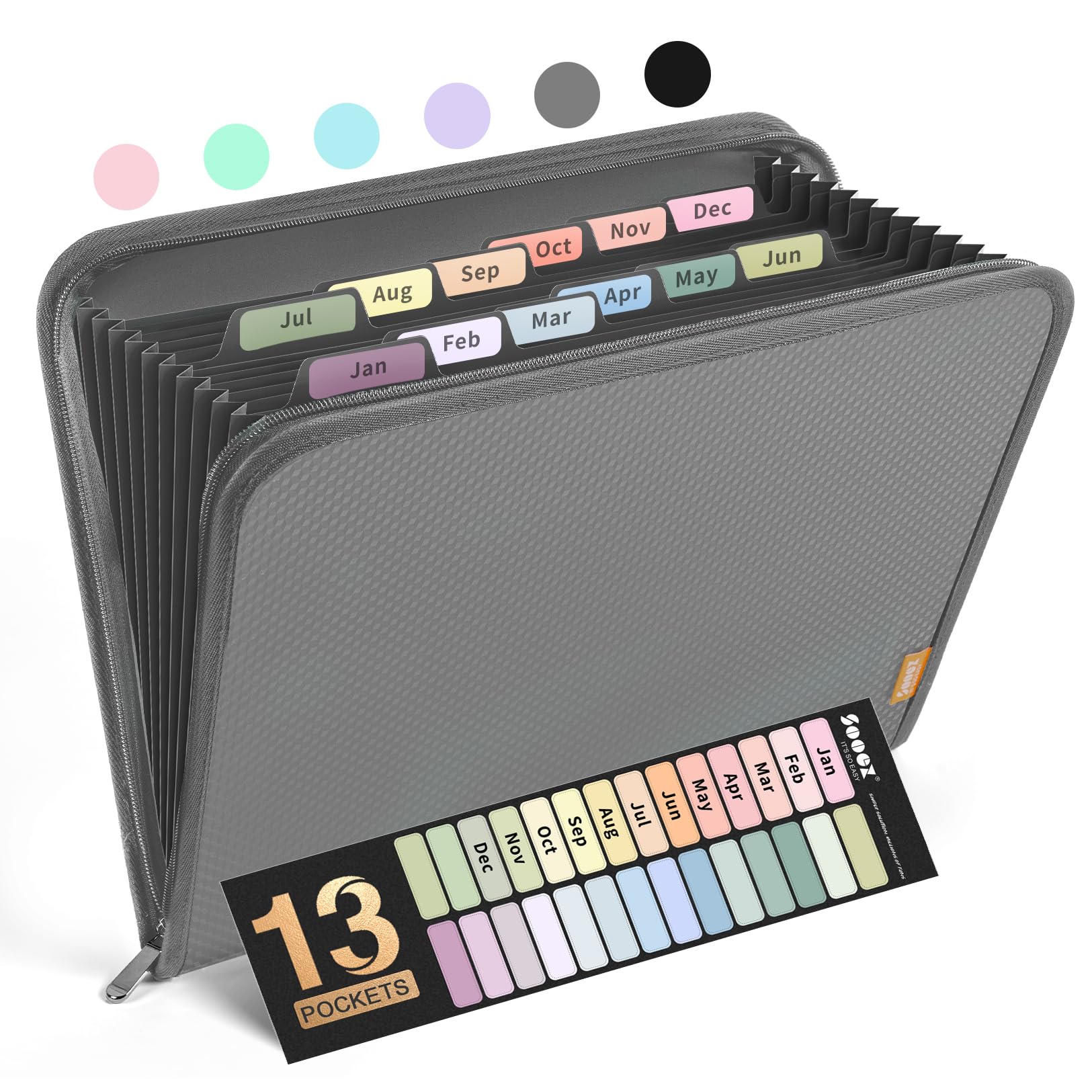 Sooez 13 Pocket Accordion File Organizer, Zipper Expanding File Folder Organizer, Reinforced Plastic Accordion Folder, A4 Letter Size, Portable