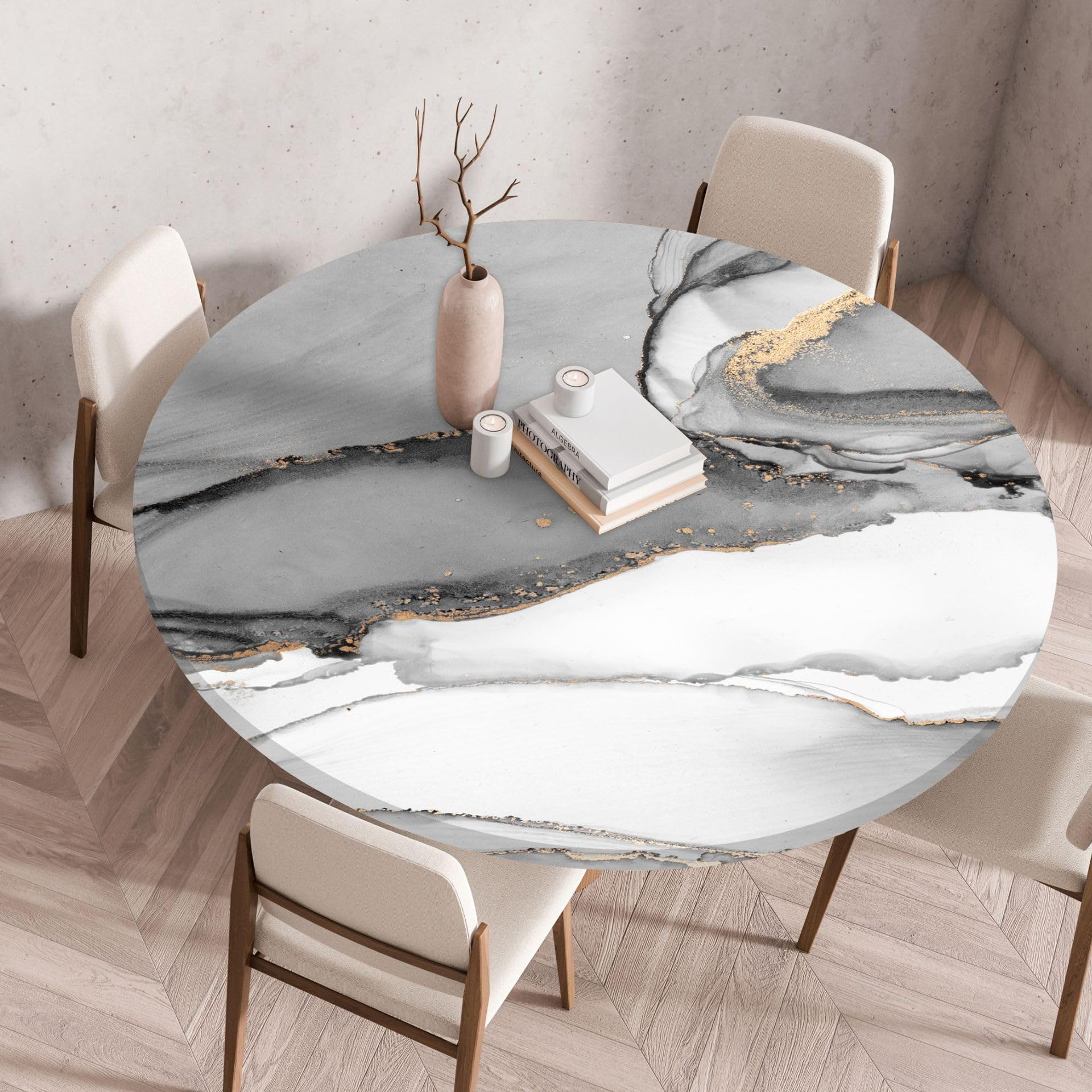 Tischdecke Rund 140 cm Grau Gold Elegant Gartentischdecke Wetterfest Elastisch Abwaschbar Runde Tischdecke Outdoor Indoor Wiederverwendbare Table Cloth für Garten Restaurant