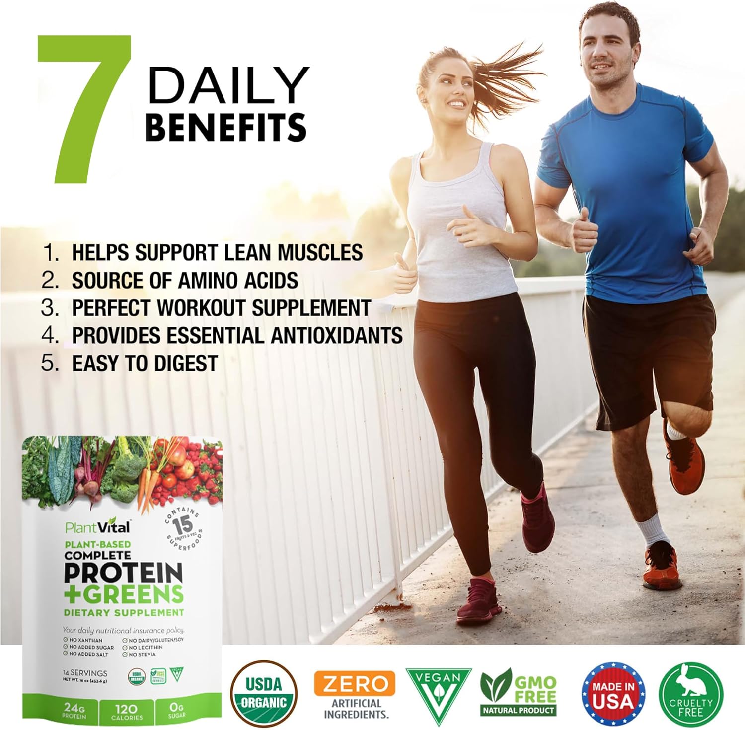 Plantvital Unflavored Organic Vegan Protein Powder - 15 Superfoods, Veggies and Probiotics - Organic Plant-Based Protein Powder - All BCAA’s, Gluten Free - 16oz (Pack of 2)