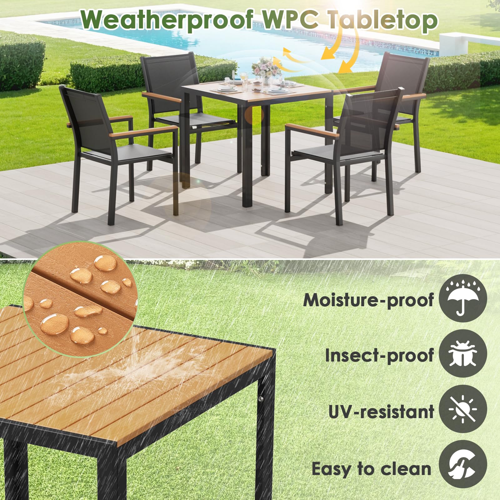 LIFERUN Table de jardin aluminium WPC 75x75 cm résistante aux intempéries Noir