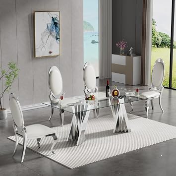 70" Modern Silver Glass Dining Room Table Set for 4, 5-Piece Rectangle Kitchen Dining Table Set with Flash-Shaped Stainless Steel Legs and 4 White Leather Oval Backrest Dining Chairs