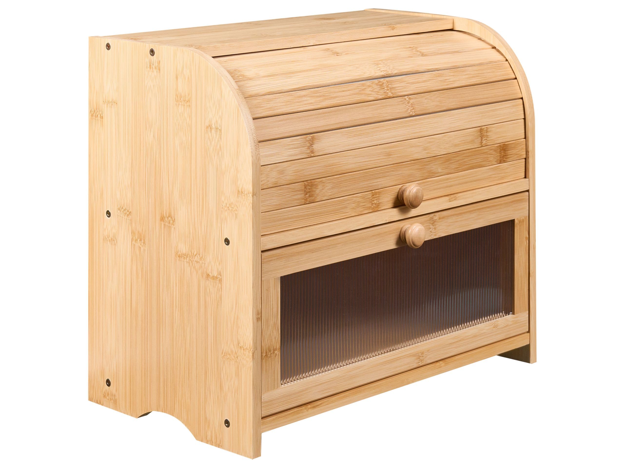 Beliani Brotkasten Bambus hellbraun zweistöckig mit Rollklappe Sichtfenster & Griffen 42 x 25 x 37 cm modern Levain