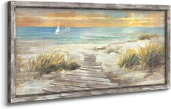 Beach Wall Art for Living Room Coastal Artwork Walls Framed Hand Painted Heavy Texture Pathway Painting on Seaside Picture Wooden Home48x24