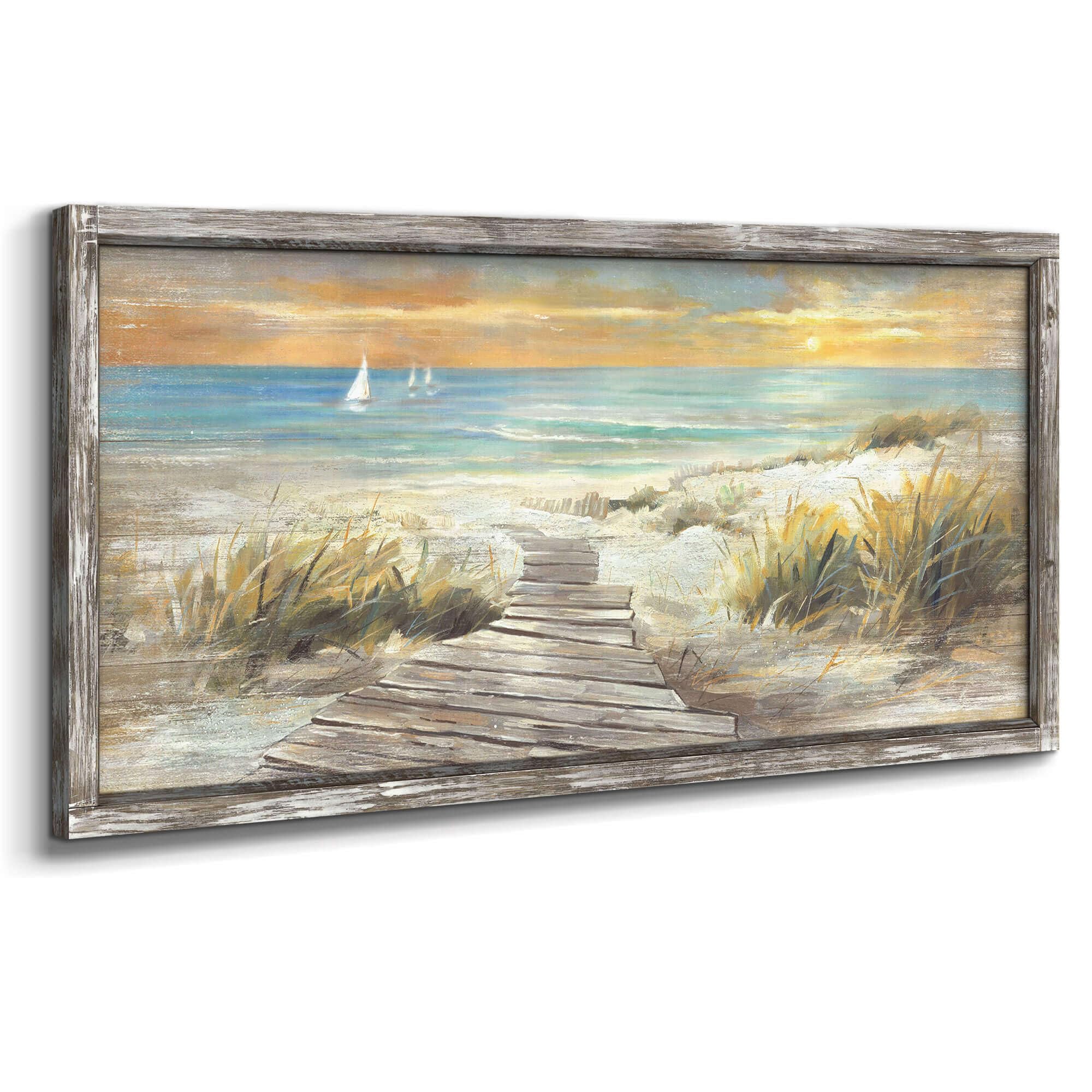 Beach Wall Art for Living Room: Coastal Artwork Walls Framed Hand Painted Heavy Texture Pathway Painting on Seaside Picture Wooden Home(48x24)