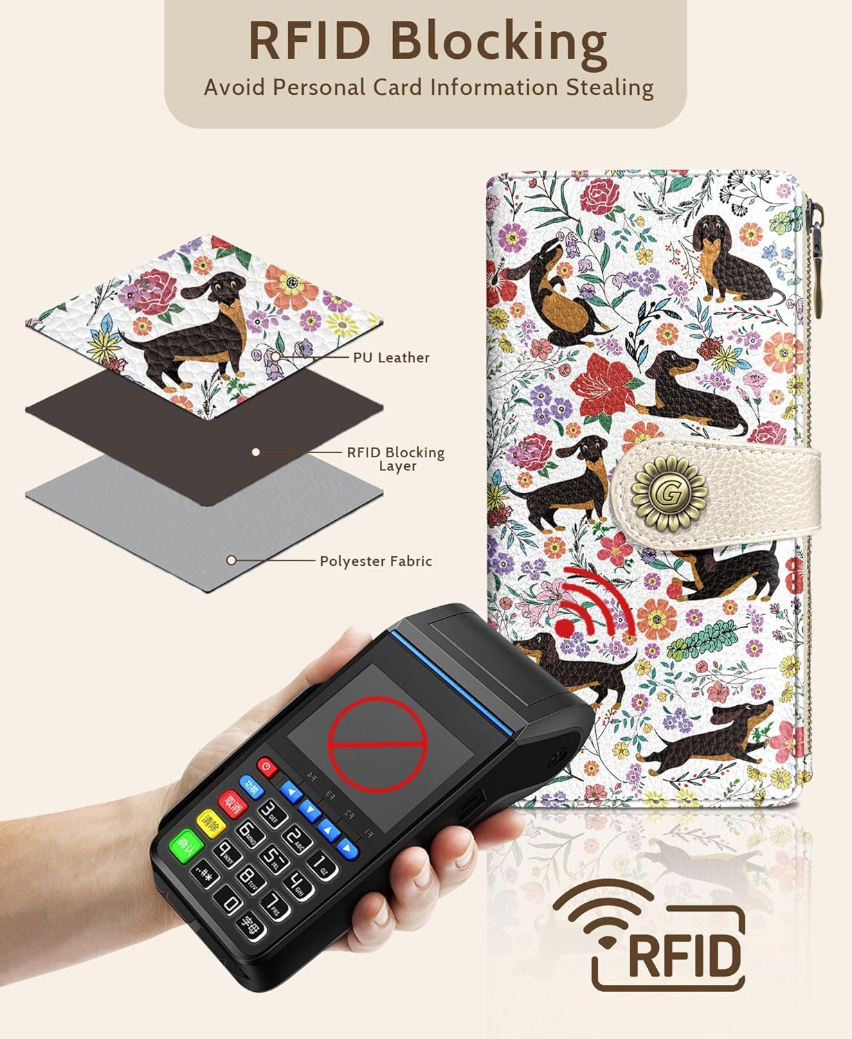 GIANCOMICS Dachshunds Dog Womens Wallet RFID Blocking, Puppy Flower Credit Card Holder Bifold, PU Leather Travel Billfold, Long Cute Cash Purse, Zipper Coin Pocket Clutch, Card Slot, Ladies Gift Woman - Image 4