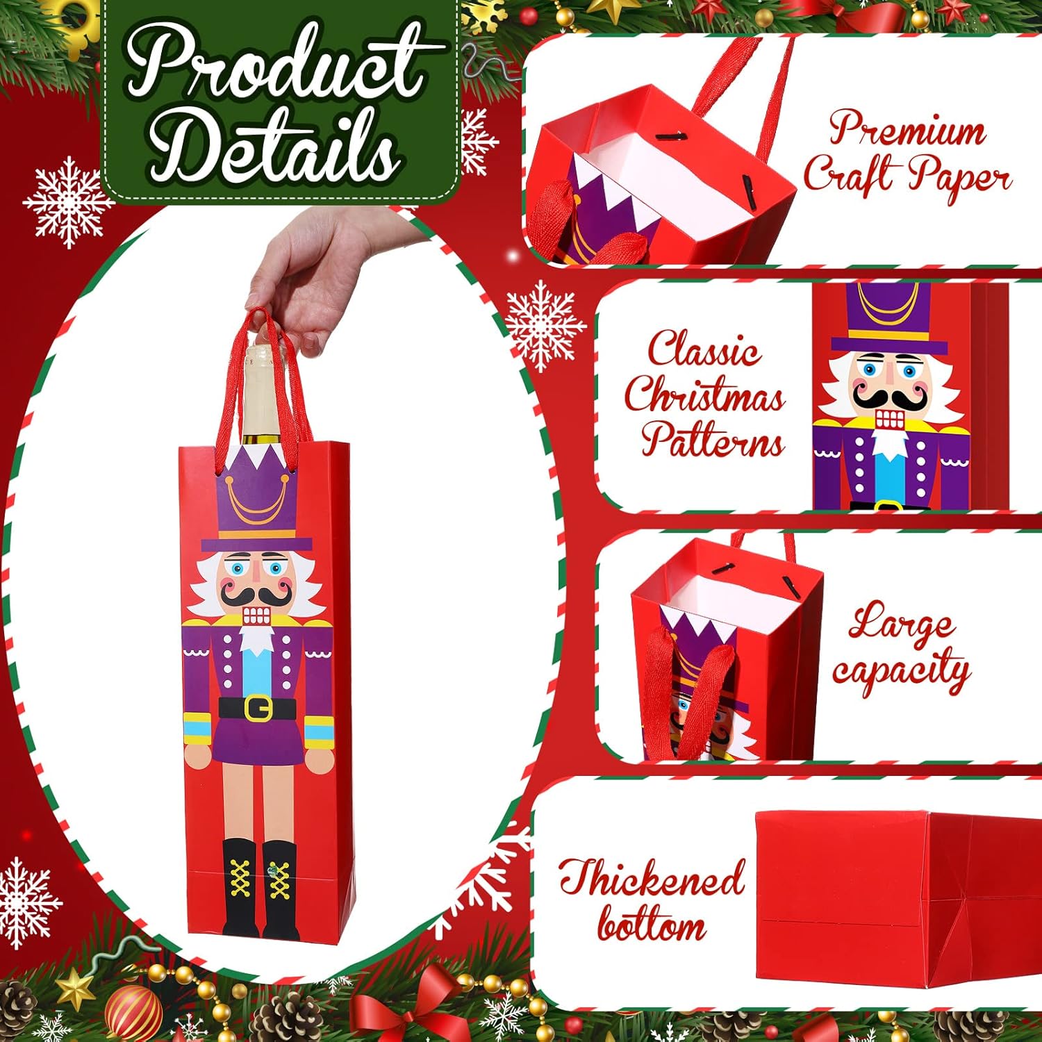 TaoBary 12 Pcs Christmas Wine Bags Christmas Wine Bottle Gift Bags with Handles Paper Gift Bag for Xmas Party Favors Holiday Festival Table Centerpieces Decors(Classic Nutcracker) - Image 4
