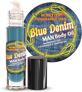 Blue Denim Man Body Oil 0.33 Oz Roll on Glass Bottle, Citruses, Bergamot, Juniper, Travel Size, Long Lasting